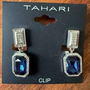 Tahari Silver Tone and Deep Blue Rhinestone Pive Pierced Earrings